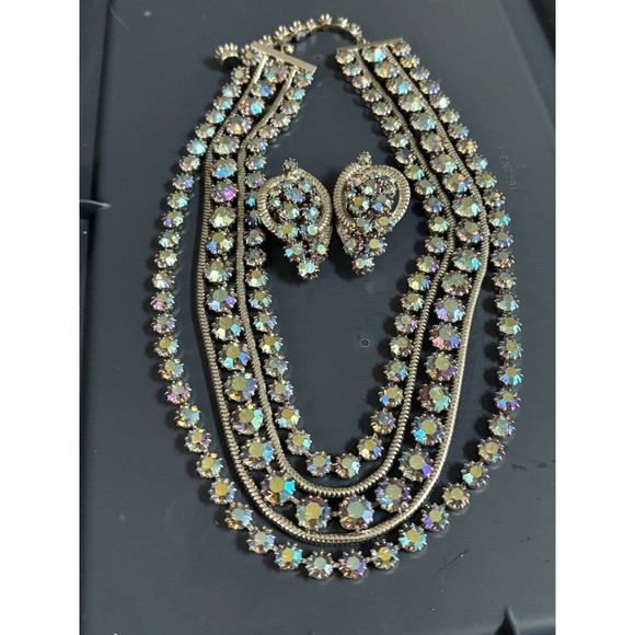 VTG HATTIE CARNEGIE BLUE AURORA BOREALIS & BLUE RHINESTONE NECKLACE EARRINGS - Picture 3 of 8